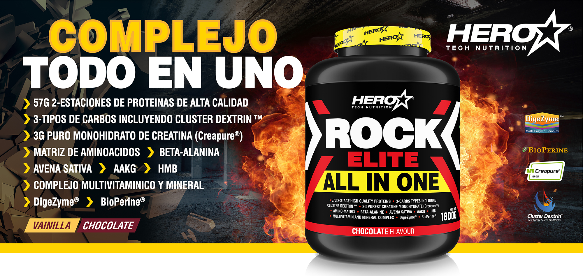ROCK ELITE TODO EN UNO HERO TECH NUTRITION AUMENTO MASA MUSCULAR herotechnutrition